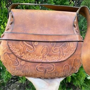 Vintage 1970s Tooled Leather Purse Mushrooms Saddle Bag